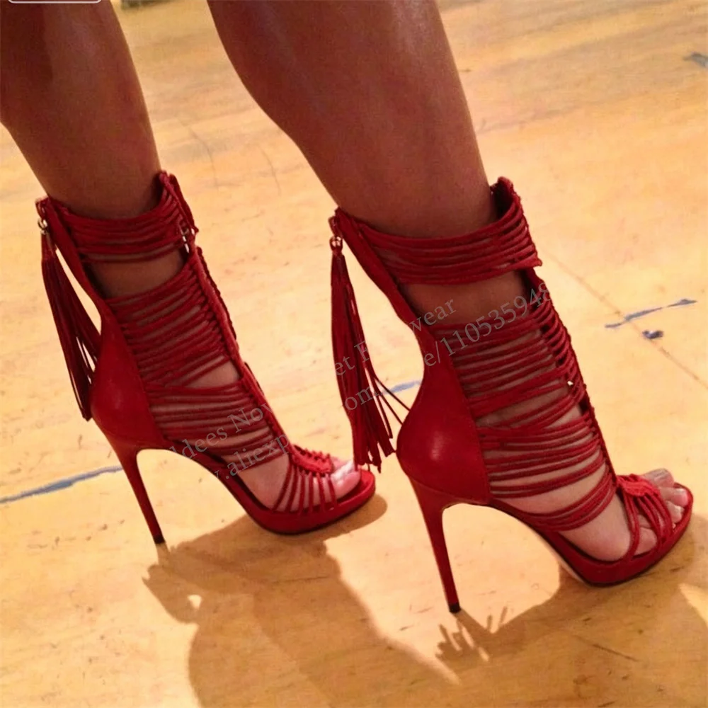 

Red Back Tassel Decor High Heel Sandals Women Sexy Open Toe Stiletto Heel Multi Strappy Summer New Elegant Party Dress Shoes