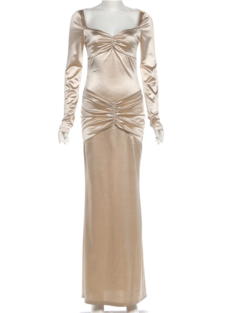 Nibber Prom Party Langes Kleid Frau Seidige Satin Elegante Low-Neck Volle Hülse Geraffte Knick Design Kleid Robe Mitternacht schlank Vestidos