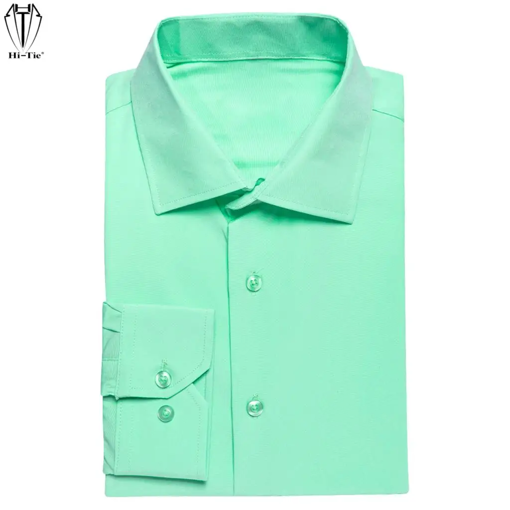 Hi-Tie-camisas de seda verde pálido para hombre, ropa de abrigo de manga larga sólida, suave, transpirable, elegante, para boda y negocios