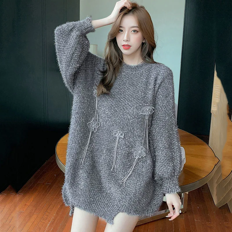 New Autumn Winter Korean Long Pullover Sweater Coat Women's Loose Fried Street Knitwear Design Sense Female Sweaters Outerwear