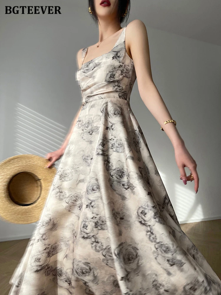 BGTEEVER Summer Sleeveless Women Printed Dress Elegant Slim Waist Spaghetti Strap Female A-line Dress Elegant Ladies Vestidos