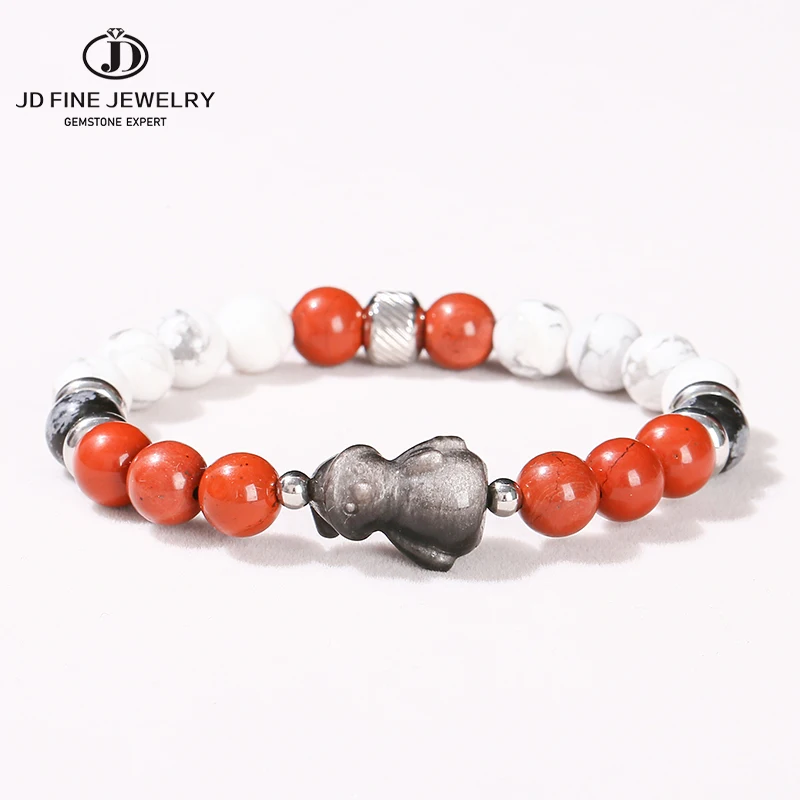 JD Natural White Turquoise Red Jasper Obsidian Snowman Carved Bracelet Women Men Chic Design Stretch Bangles Personality Jewelry