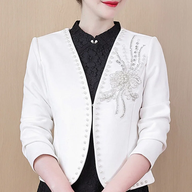 

New Fashion Jackets for Women 2024 Long Sleeve Black White Red Coat Jacket Women Beading V-Neck Short Women Jacket Coats H466