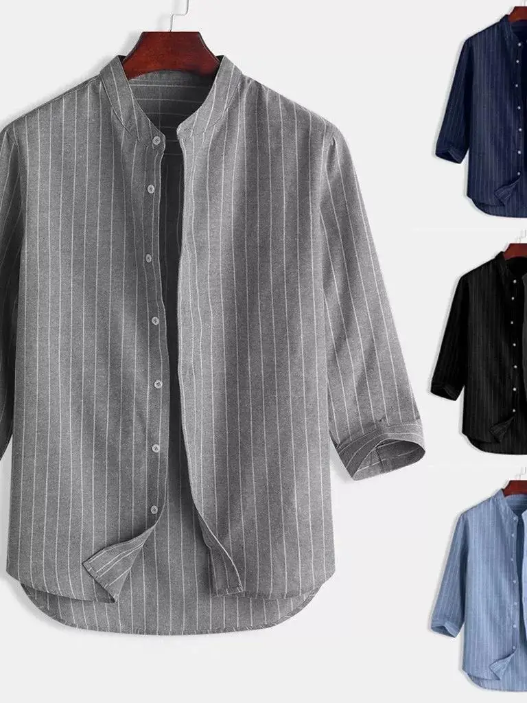 

Striped Stand Collar Casual Men's Cardigan Long Sve T-irt Fit Body Summer Faion European Simple Sle Other Material