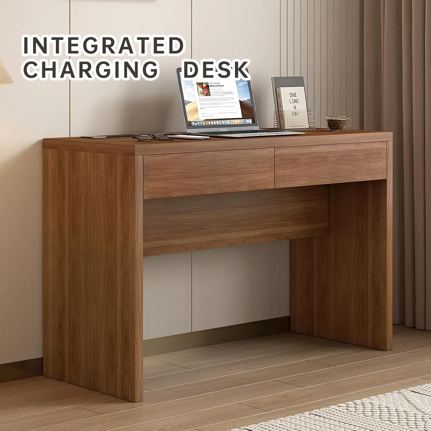 47-Inch Office Desk with Outlet & 2 Drawers, Computer Table for Bedroom Living Room Home Office, Brown, Customized