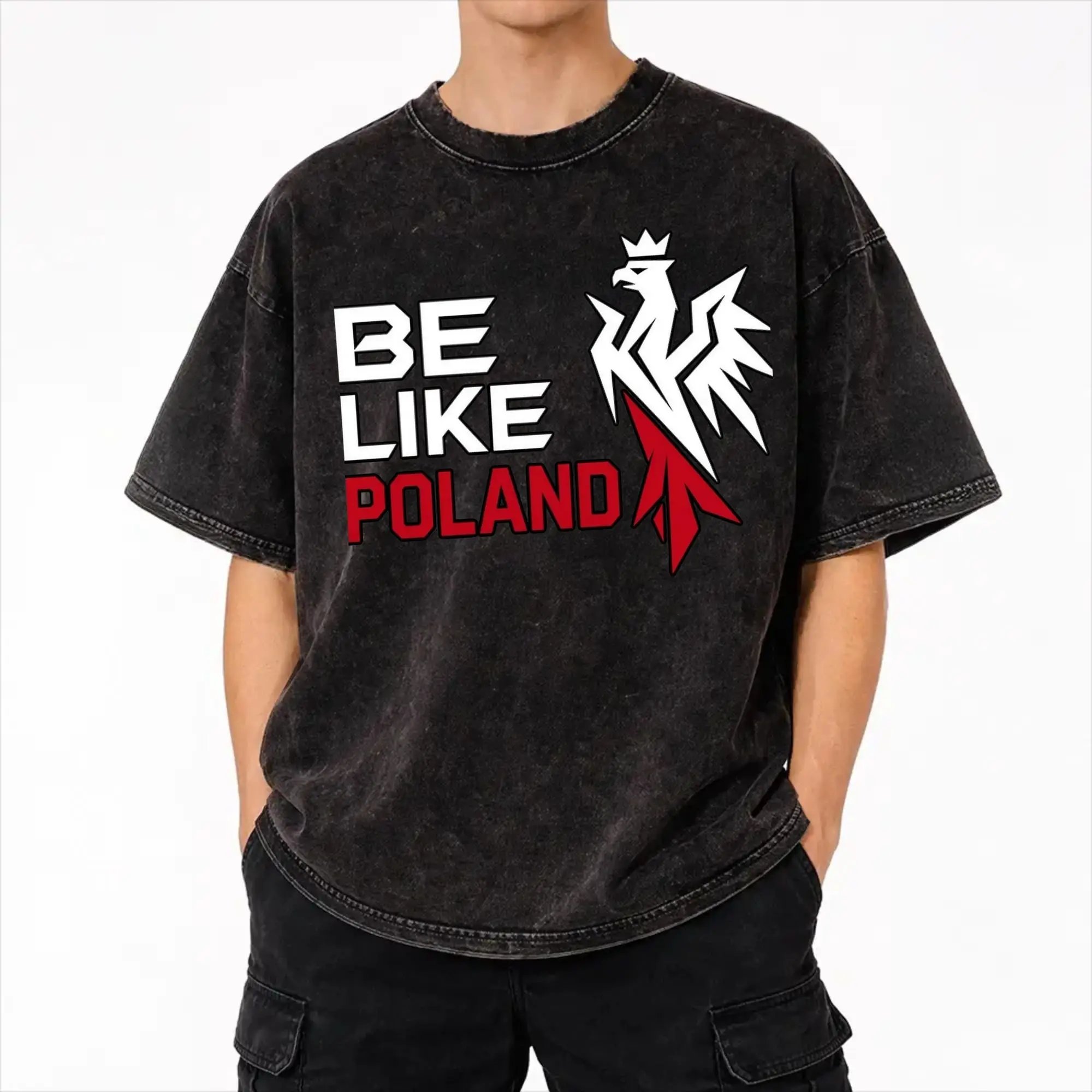 Harajuku Washed Shirt Be Like Poland Polska Polish Flag  Outfit Vintage T Shirt Oversize  Streetwear Short Sleeve