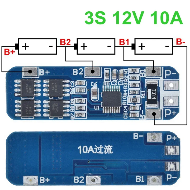 3S 12V 18650 10A BMS Charger Li-ion Lithium Battery Protection Board Circuit Board 10.8V 11.1V 12.6V Electric blue battery