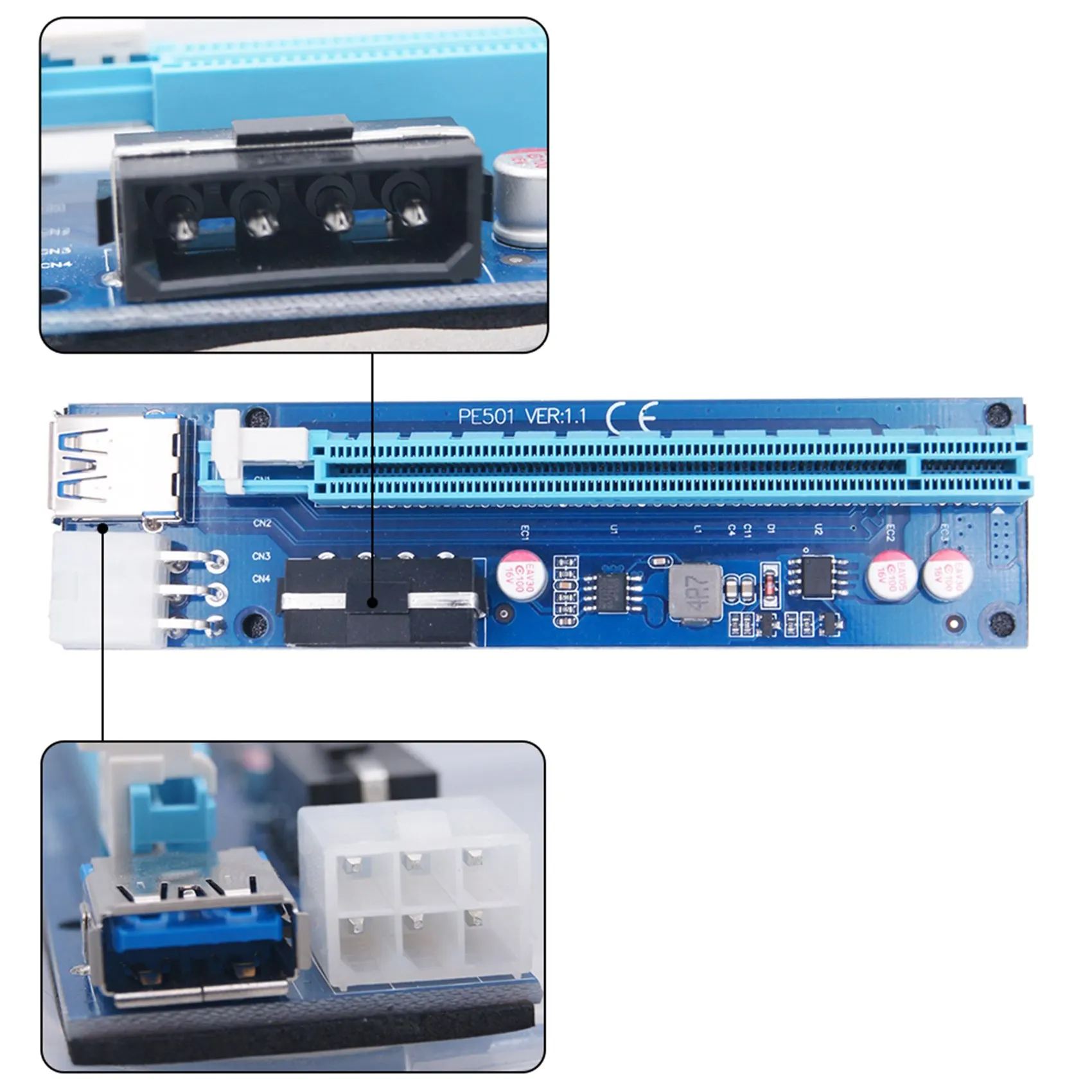 Cable de extensión PCI-E 1X a 16X 4PIN + 6Pin 2 en 1 Tarjeta adaptadora de fuente de alimentación para minero BTC para escritorio