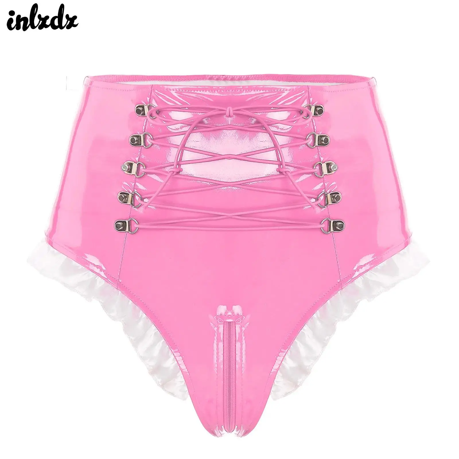 

Womens Lingerie Zipper Crotch Latex Underwear Glossy Patent Leather High Waist Lace-up Frilly Maid Knickers Panties Clubwear
