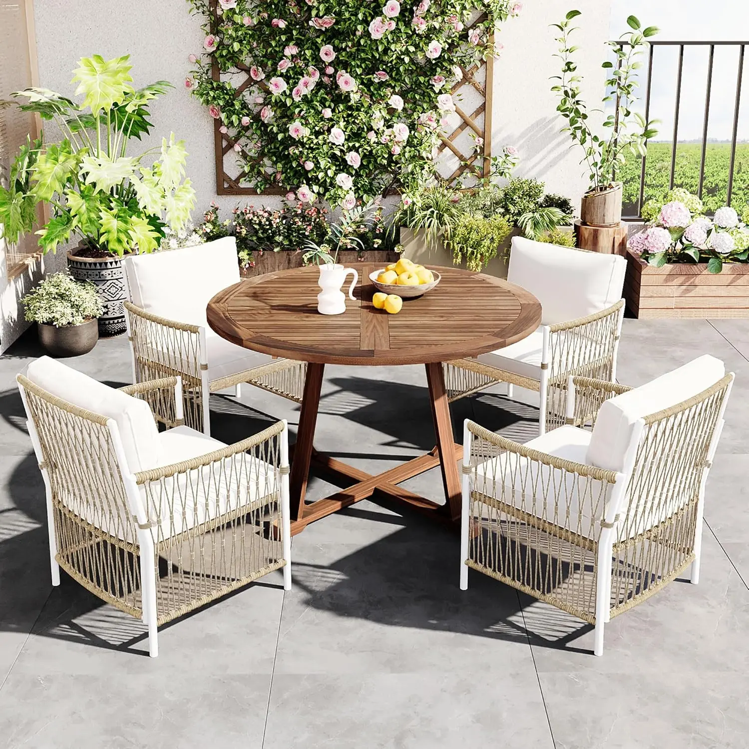 5 Piece Patio Dining Set Outdoor Acacia Wood Extendable Round Table with 12 Inch Butterfly Leaf and 4 Rattan Arm Chairs w/Cousio