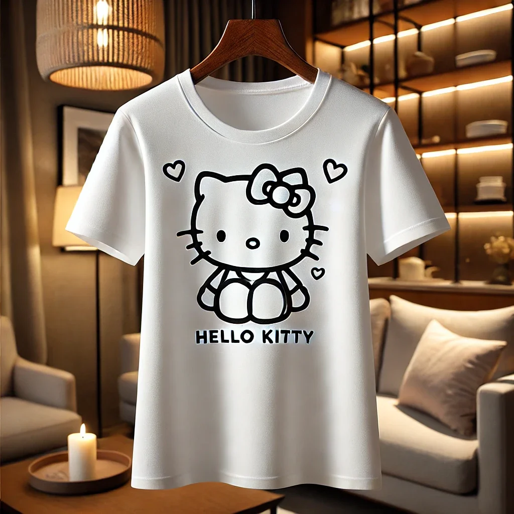 MINISO CHATGPT Designed Hello Kitty Cotton T-shirt Fashion Round Neck T-shirt Men Women Short Sleeve Harajuku Kids/Adult Tops