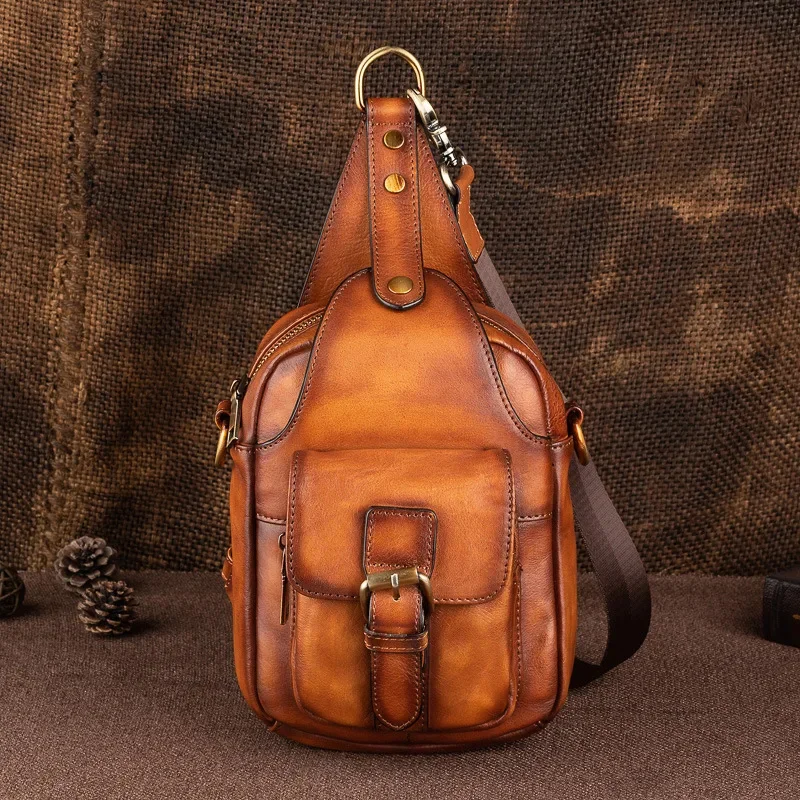 Fashion original leather men's chest vintage cowhide crossbody multifunction messenger large capacity sling bag