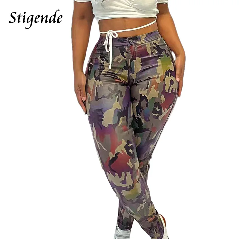 Stigende Women Green Pencil Leggings Slim Fit Camouflage Pants Streetwear Gradient Color Skinny Workout Trousers Pocket