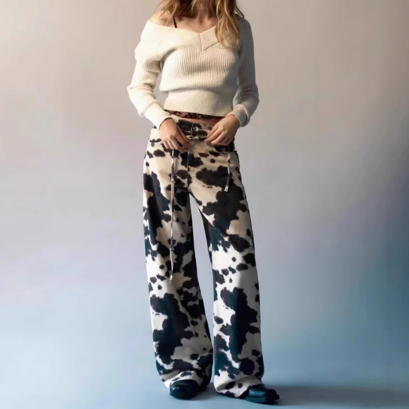 

2025 Summer Retro Cow Pattern Washed Outdated Loose Middle Waist Straight Leg Pants for Women