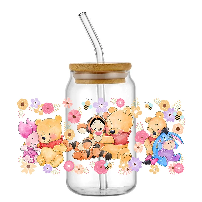 3D UV DTF Libbey ถ้วยห่อการ์ตูนน่ารัก Pooh friend สติ๊กเกอร์กาวกันน้ำทนทาน