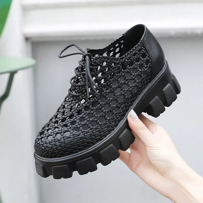 GKTINOO New Genuine Leather Women Shoes Spring/summer Hollow Breathable Flat Platform Shoes Woven Hole Handmade Shoes Woman