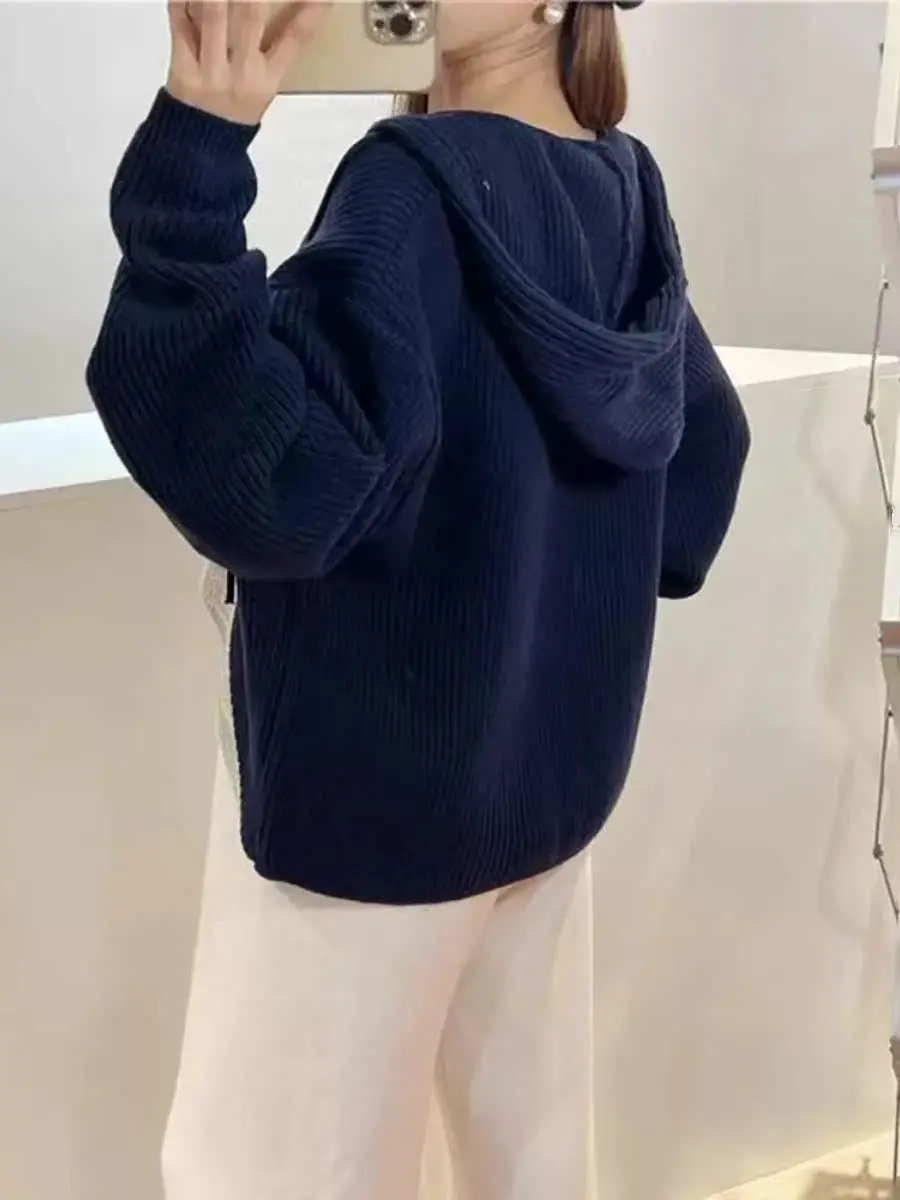 

Весенний вязаный свитер с капюшоном на молнии, с узором в пять полос, в стиле Lazy Sle, модная верхняя одежда для женщин