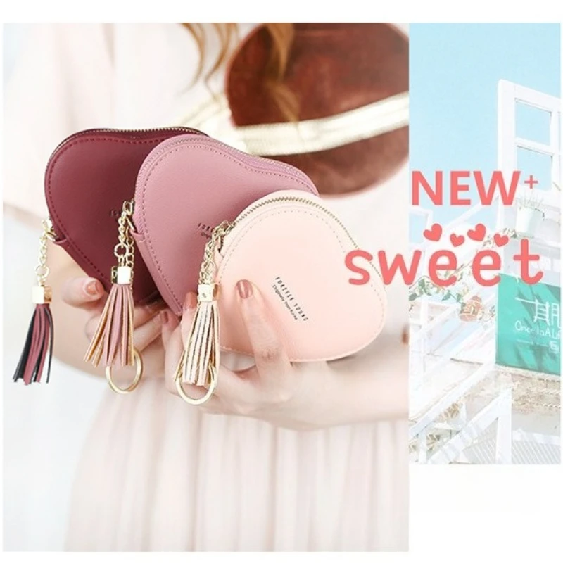 

New Fashionable Heart Shape Women's Wallets PU Leather Tassels Zipper Mini Clutch Key Ring Coin Money Bag Girls Cute Small Purse