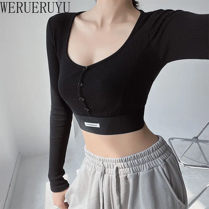 تي شيرت طويل الأكمام ملابس النساء Y2k الخريف الشتاء الكورية موضة بلون زر محبوك تي شيرت للمرأة 2024 #3