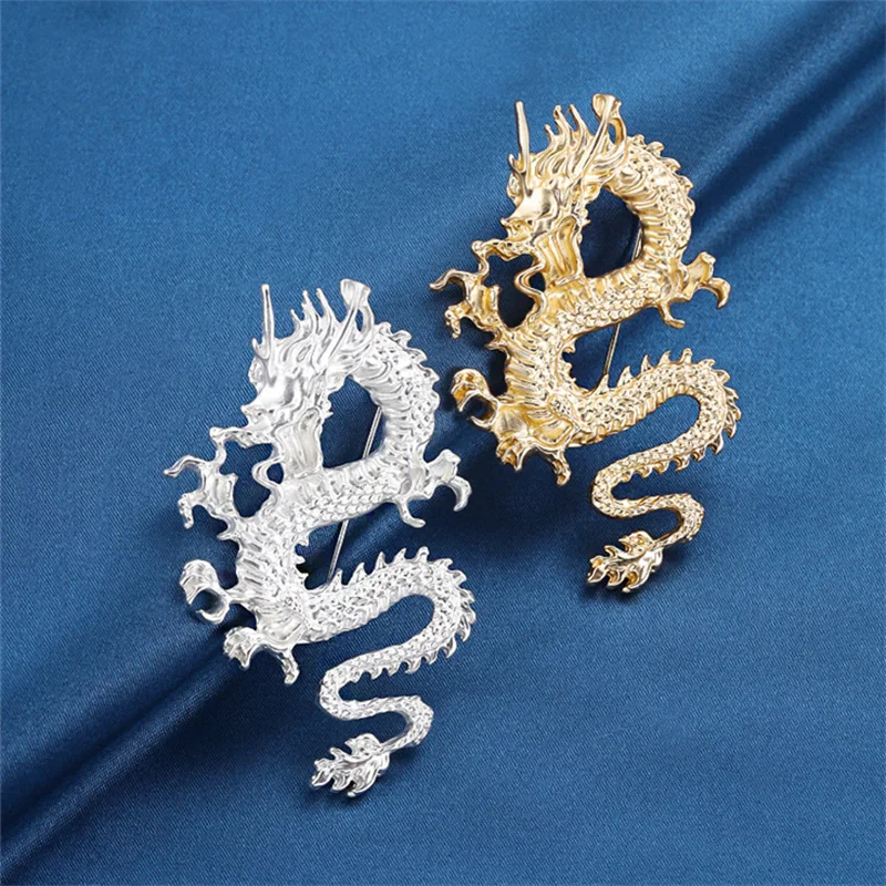 Gold Color Dragon Brooch Pin for Men Chinoiserie Brooch Punk Jewelry Clothing Accessories