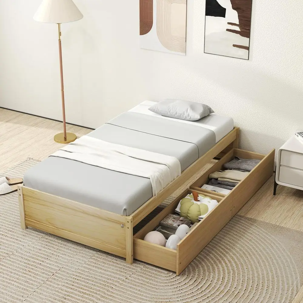 Twin Wooden Platform Bed with 2 Storage Drawers, Suitable for Kids, Teens, and Adults, No Box Spring Needed (Natural)