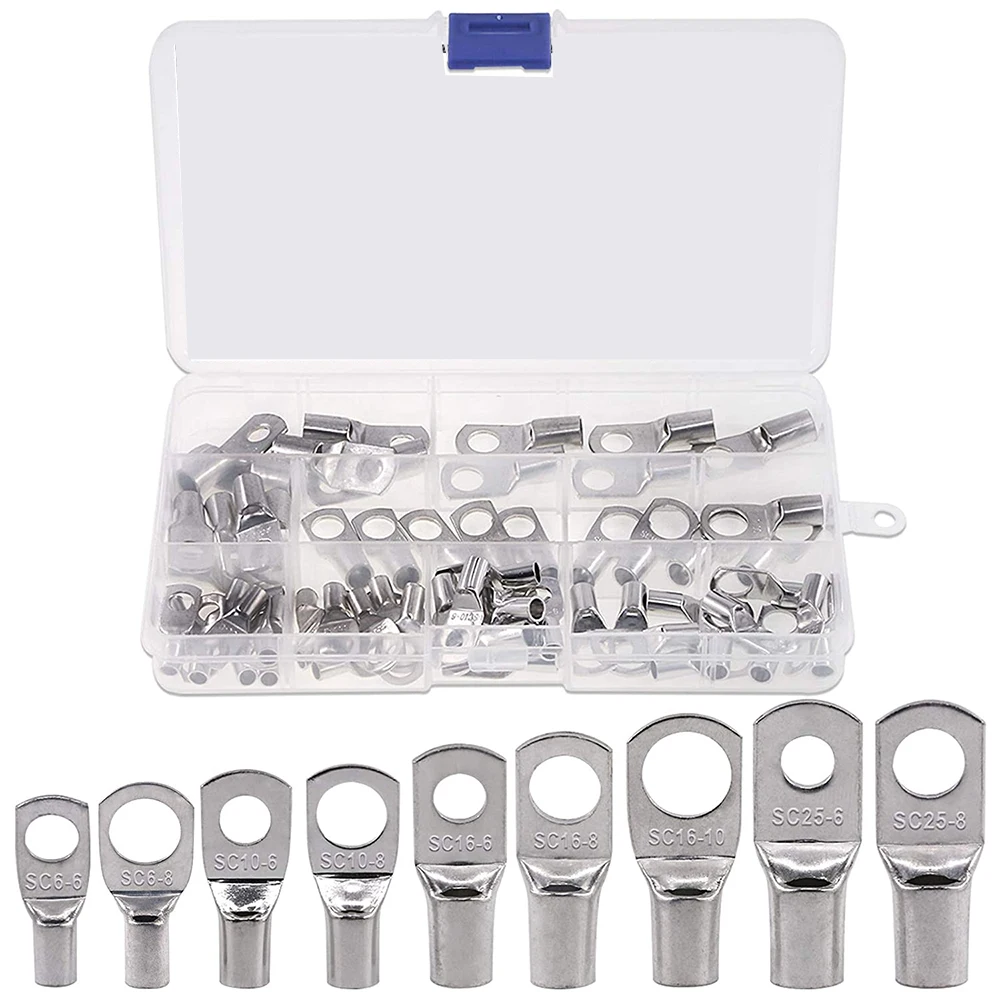65Pcs Assorted Heavy Duty Wire Lugs Battery Cable Tinned Copper Eyelets Tubular SC Ring Terminals Connectors with Spy Hole Kit
