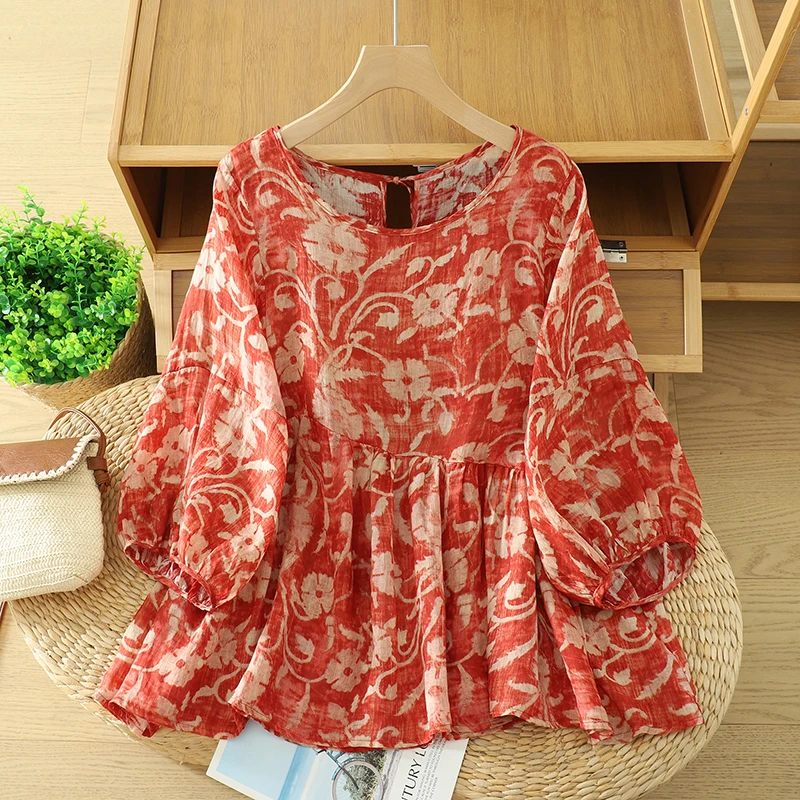 Retro Ethnic Style round Neck Printed Lantern Sleeve Shirt Women Loose Slimming Babydoll Shirt Trendy Cotton Blend Casual Top