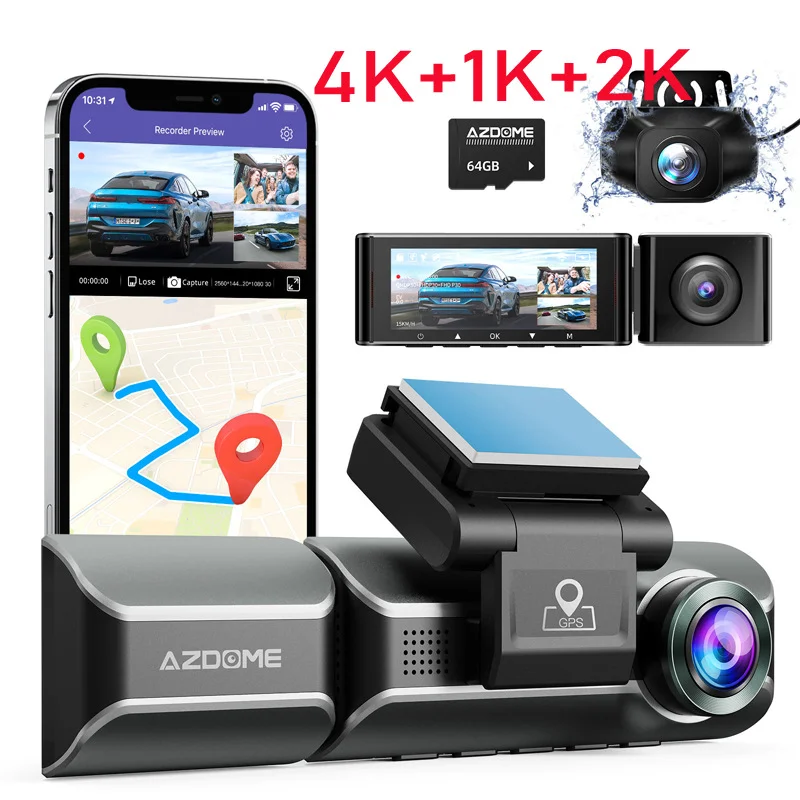 AZDOME Car Driving Recorder Three Lens 4K+1080P+1440P Resolution Built-in WIFI GPS Trajectory Loop Recording 1-Year Warranty