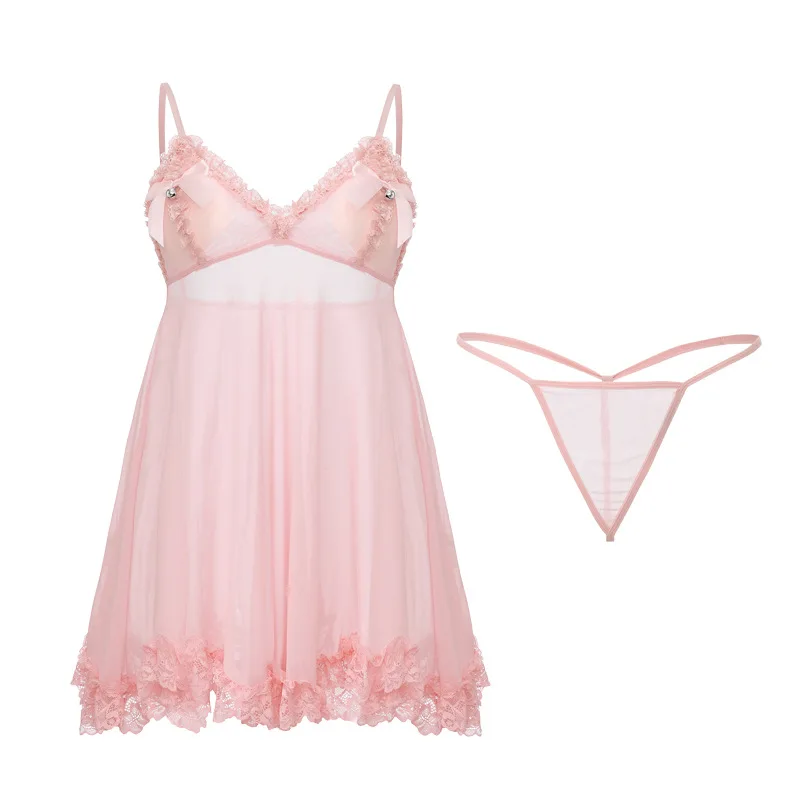 

Sexy Lingerie Mesh Low Cut Push Up Removable Bra Pads Sweet Bow Strap Babydoll Sleepwear Set Erotic Hot Fancy Lace Underwear