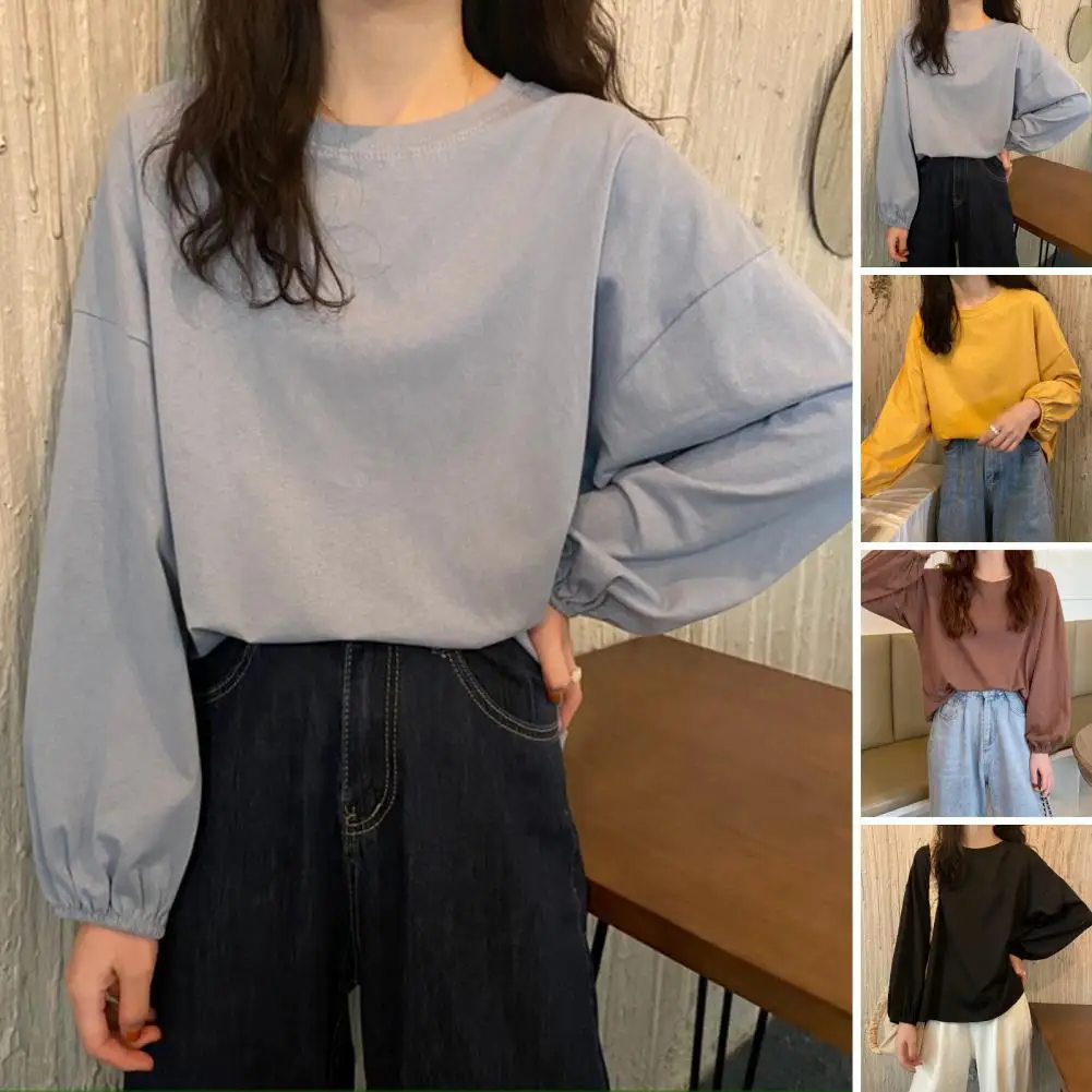 Women Tee Stylish Women's Long Sleeve T-shirt Collection Round Neck Lantern Sleeve Tee Soft Stretchy Pullover Top for Daily Wear