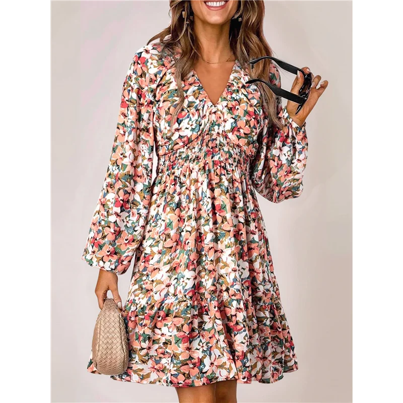 A83F-Donna Autunno Boho Floreale Scollo a V Manica lunga Smocked Elastico in vita Casual A-Line Mini abito prendisole