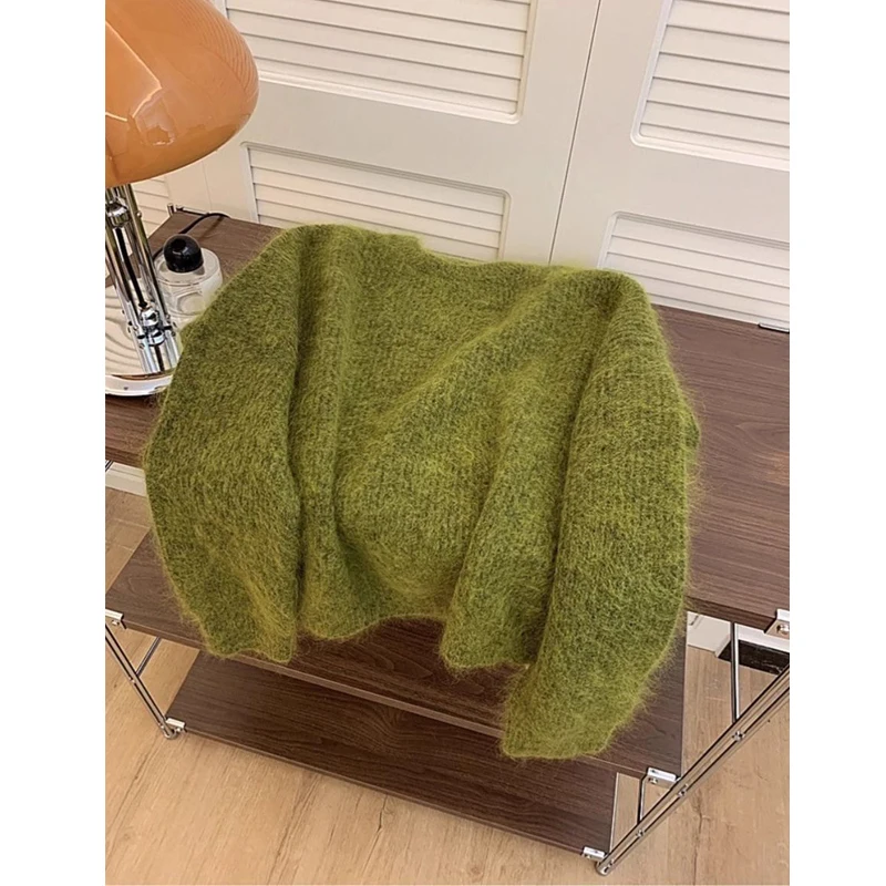 Women\'s Trendy Simple Casual Green Soft All Match Knitted Sweater Female Chic O Neck Long Sleeve Loose Pullover Tops Y2K Jumper