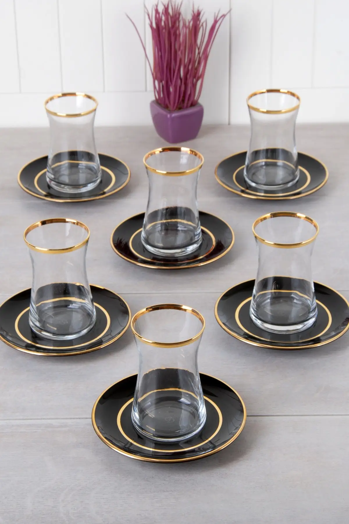 

DOLBOVI 6 Personality Black Glass Dish Tea Cup Set-Gold Turkish Tea Glass Cup