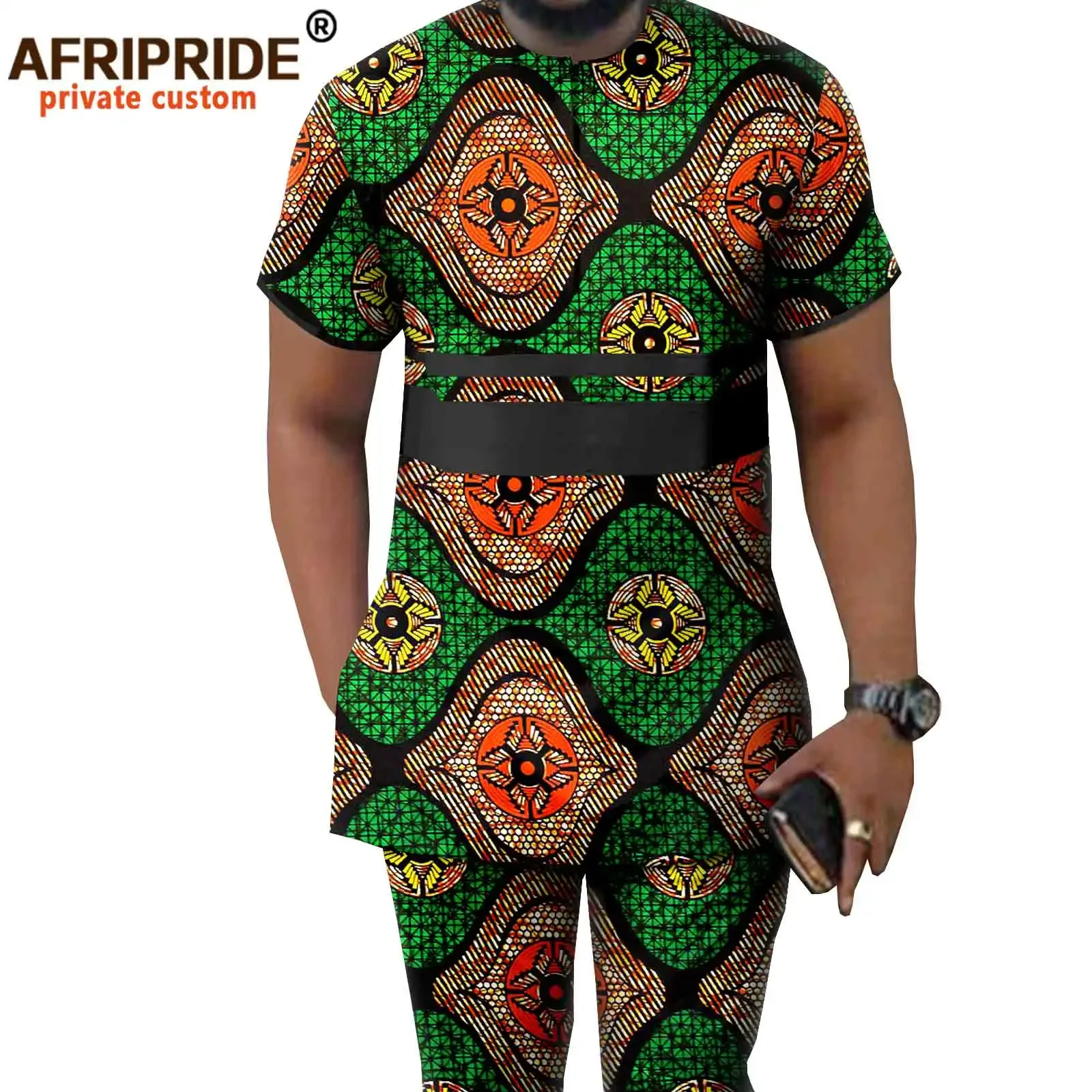 African Men Clothing Ankara Pants Set Dashiki Shirt 2 Piece Outfits Crop Top Attire Short Sleeve Plus Size Casual A2116042