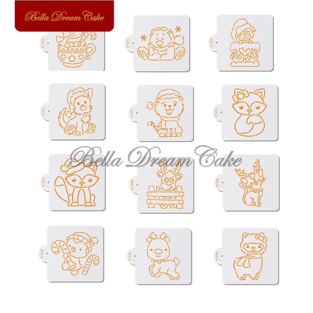 1pc Christmas Dog/Cat/Deer Cookies Stencil DIY Fondant Biscuit Mold PET Chocolate Coffee Template Cake Decorating Tools Bakeware