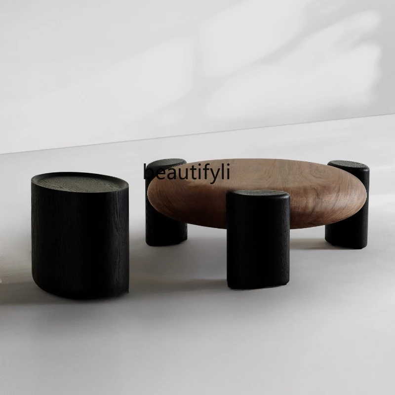 

Modern Minimalist Living Room Home Vintage Style Black Walnut Round Coffee Table Set