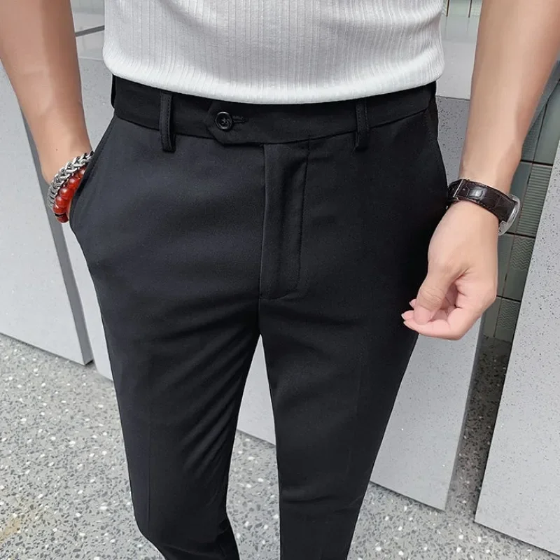 

Tressed Straight Men's Summer Pants Slim Fit Business 9 Cropped Black Social Tailoring Male Suit Trousers Vintage Slacks 2024 Up