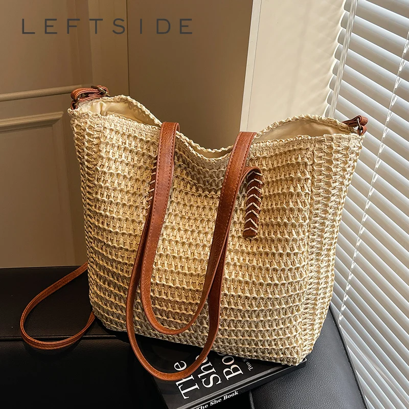 

LEFTSIDE Big Weave Tote Bags for Women 2025 Summer New Fashion Shoulder Bags Lady Handbag Females Straw Beach Crossbody Bag