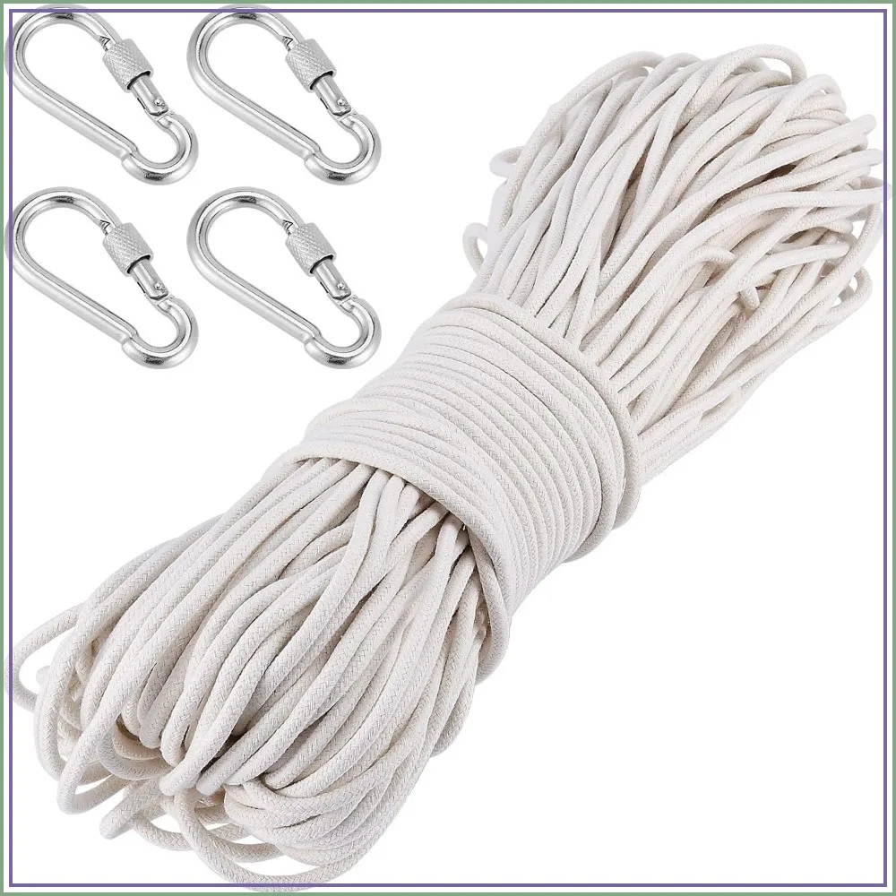 

1/4" x 328ft Natural Cotton Rope – Braided Clothesline, DIY Craft Cord with 4 Carabiners for Home Decor, Camping, Plant Hangers, Candle Wicks