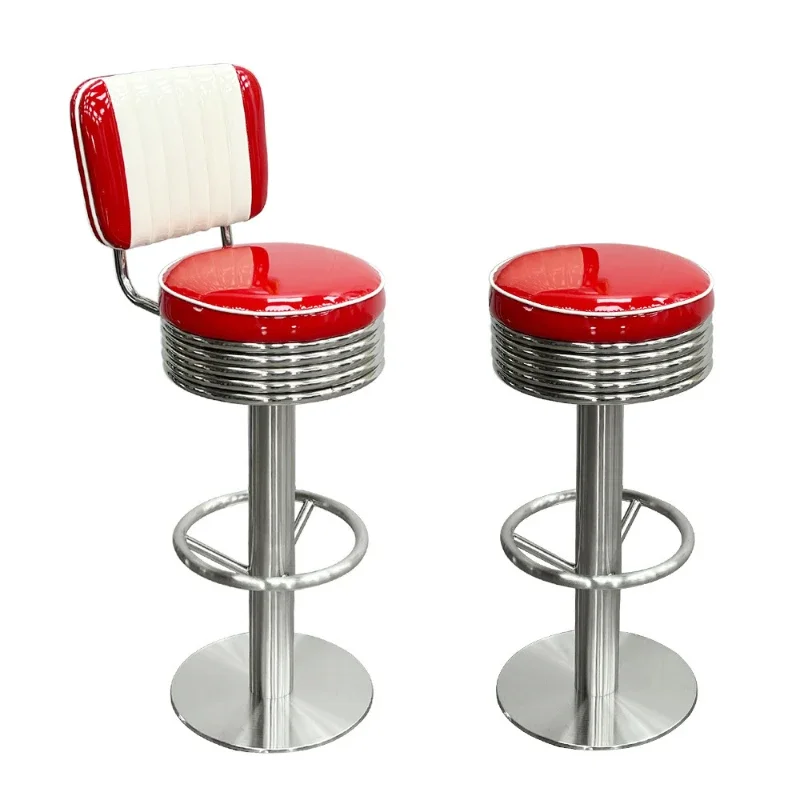 steel high bar chair, American 1950 style red bright leather bar chair, fried chicken burger restaurant backrest bar stool