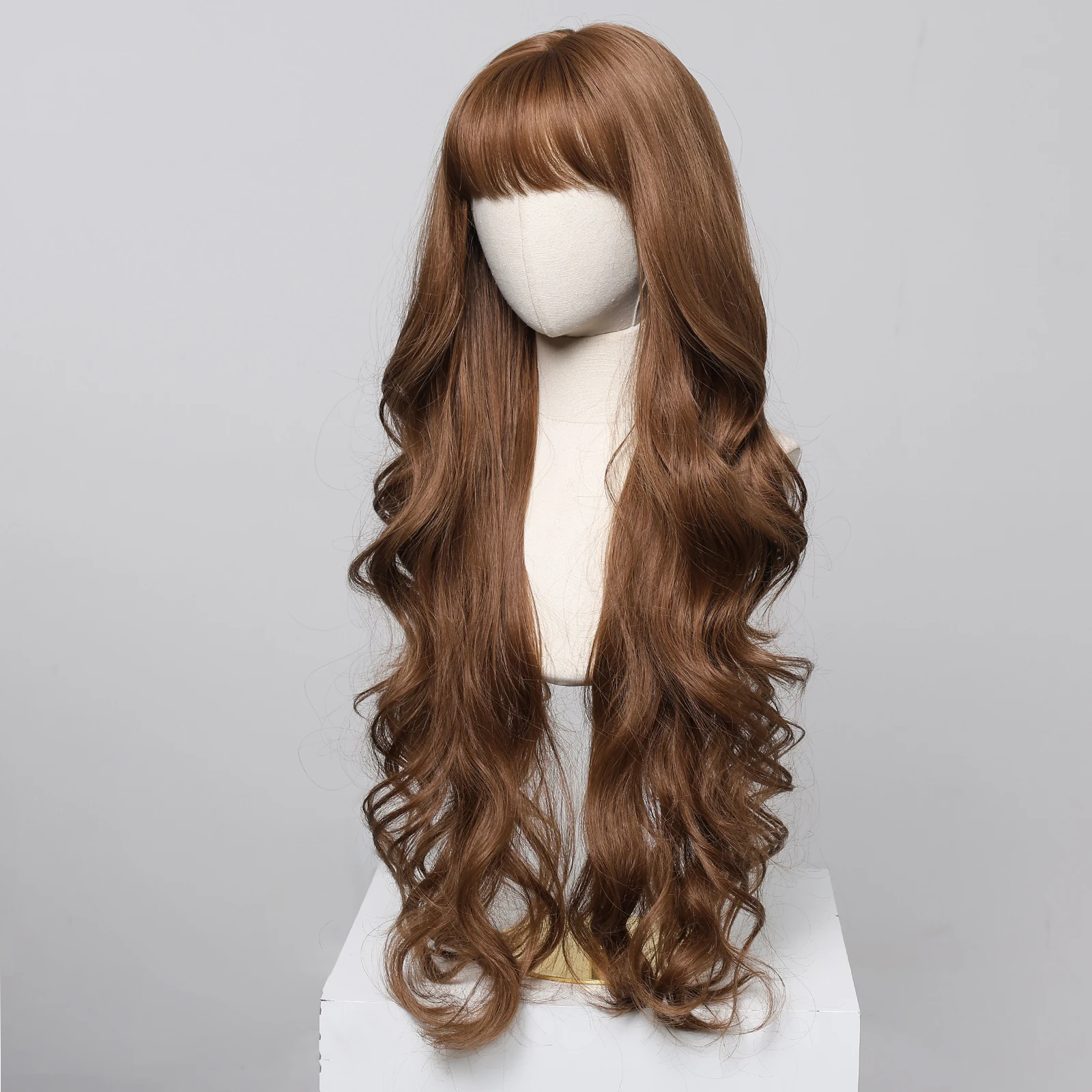 شعر مستعار بني عسلي مموج للنساء مع غرة، شعر مستعار اصطناعي طويل للغاية ومموج للمياه الطبيعية للنساء، كوسبلاي يومي مقاوم للحرارة #3