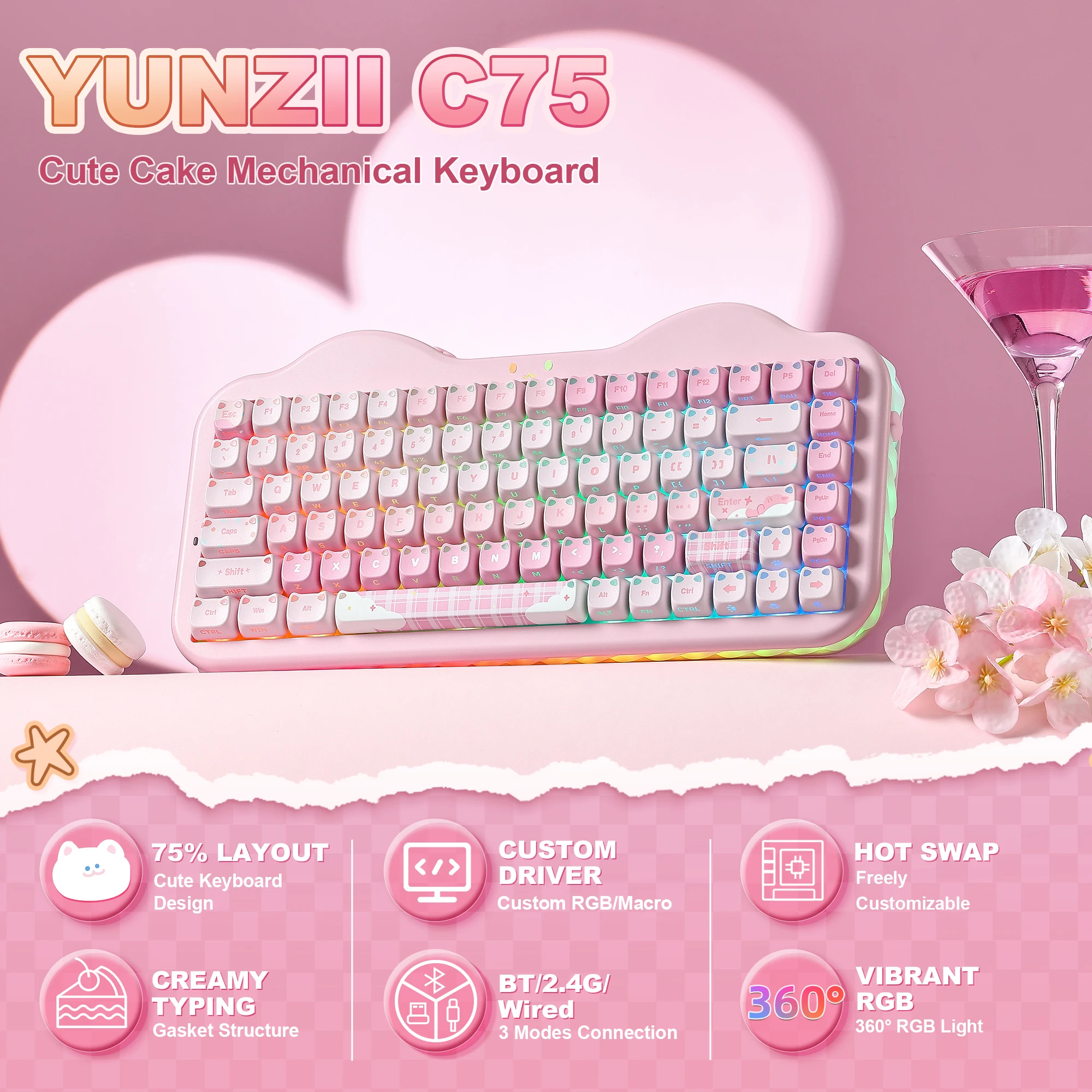 YUNZII C75 MAO Edition Mechanical Keyboard,Cute Ear Translucent Keycap,Wireless 75% NKRO Keyboards,RGB Cake Design for Win/Mac