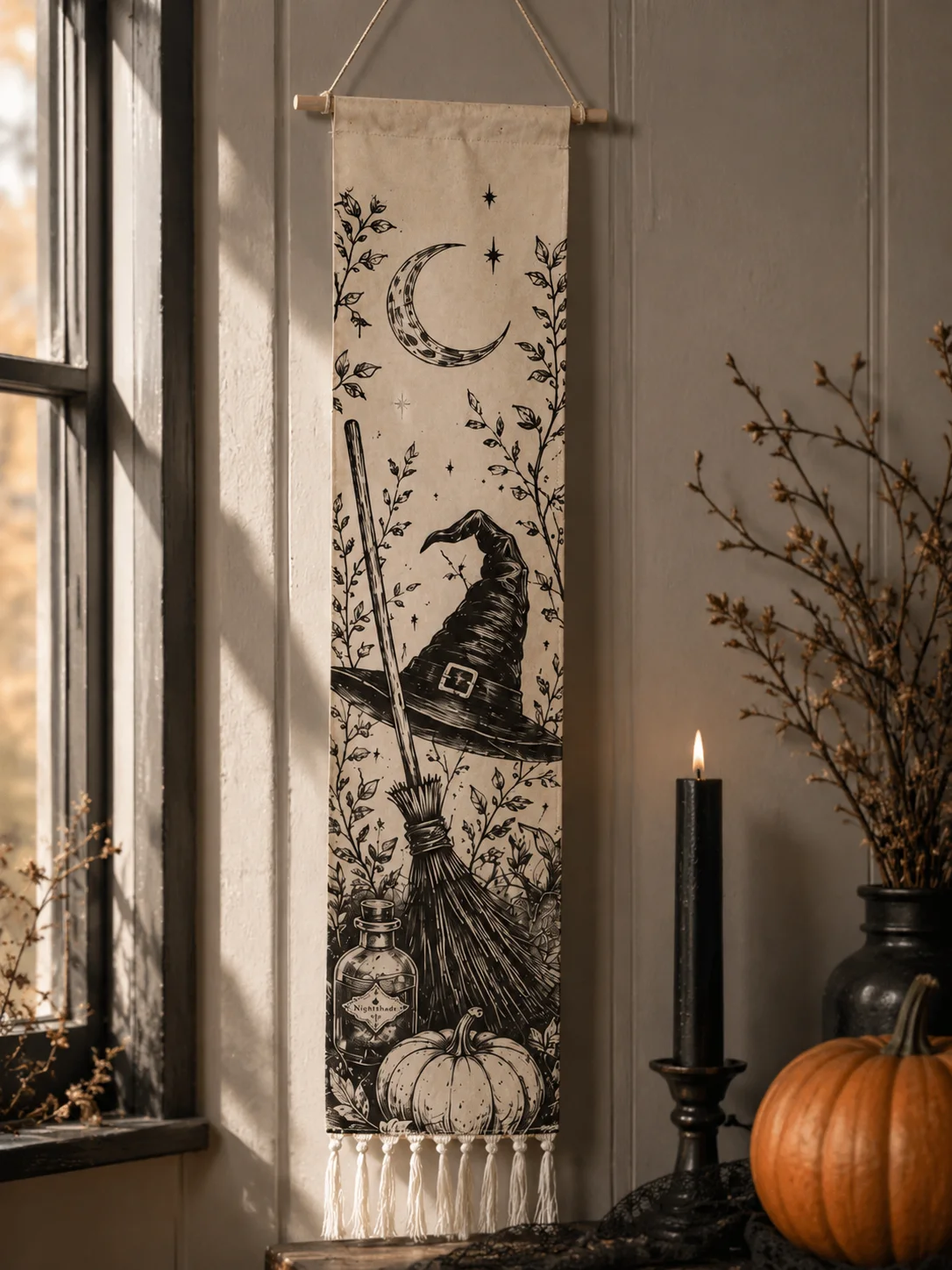 Halloween-Wandteppich mit Quasten, Gotische Hexe, Schwarze Katze, Krähe, Geisterhaus, Totenkopf-Druck, Vintage Grusel-Wandbehang Deko – Detail 18