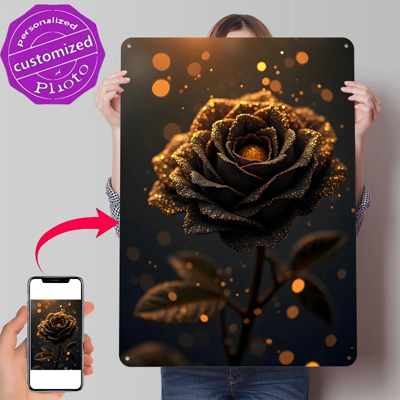 

Golden Rose With Bokeh Tinplate Poster Wall Art Retro Vintage Metal Signs for Fans Interior Decoration Living Room Decor Men
