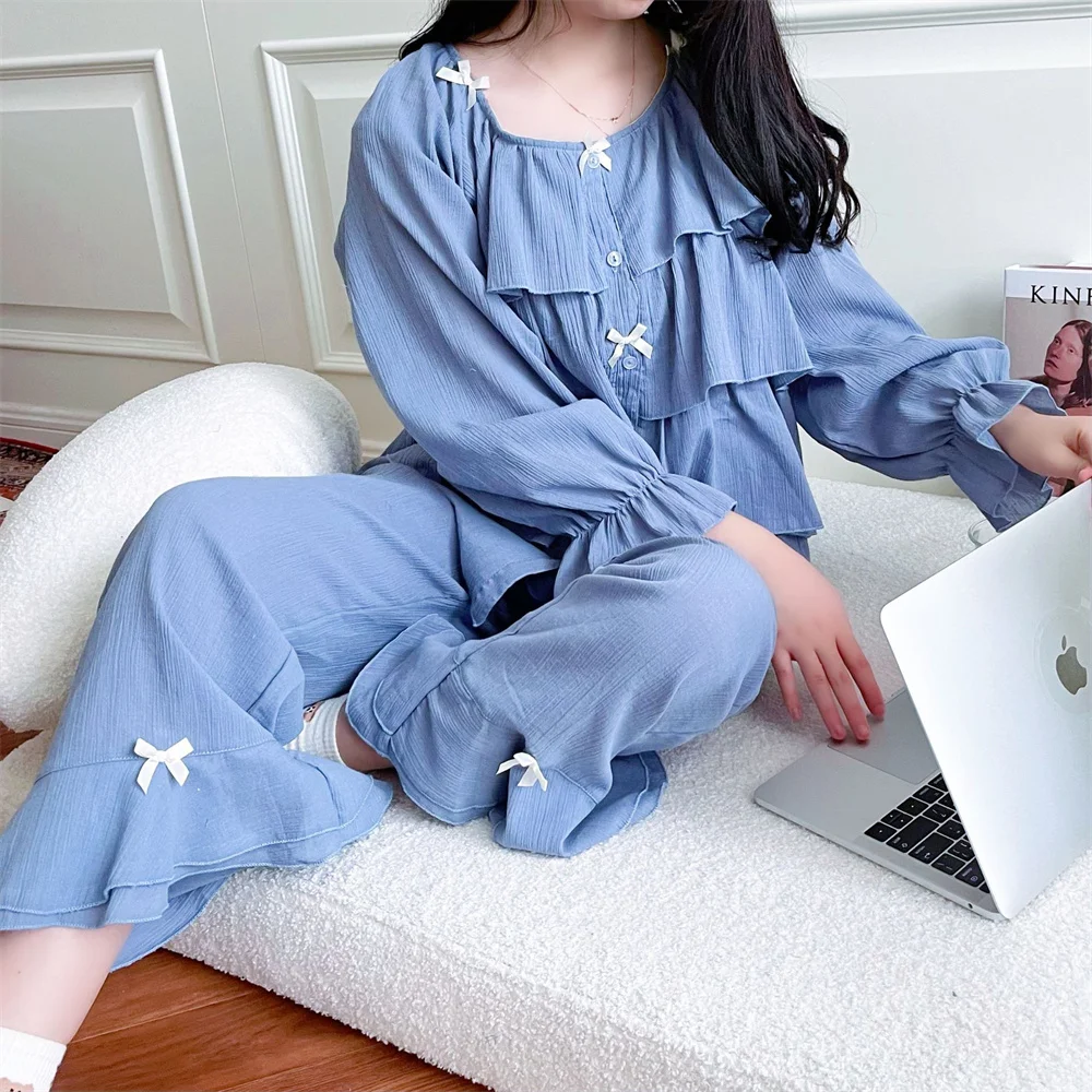 Swee Cute Cotton Pajamas Set Sleepwear Women Retro Palace Style Princess Pijamas Suit Loose White Ruffle Home Wear Loungewear