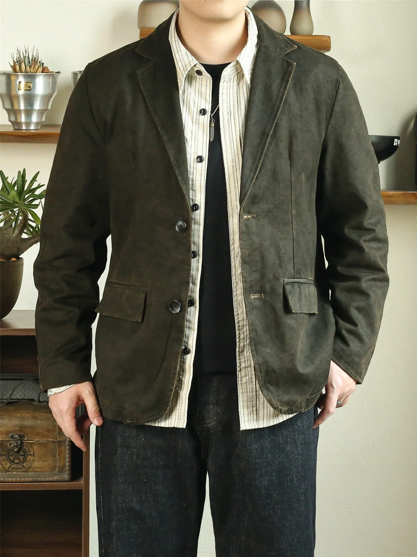 

Retro Casual Denim Suit Jaet Loose plus Size Men's Autumn Spring Brown Waed Western Sle Coat American Sle Long Sve