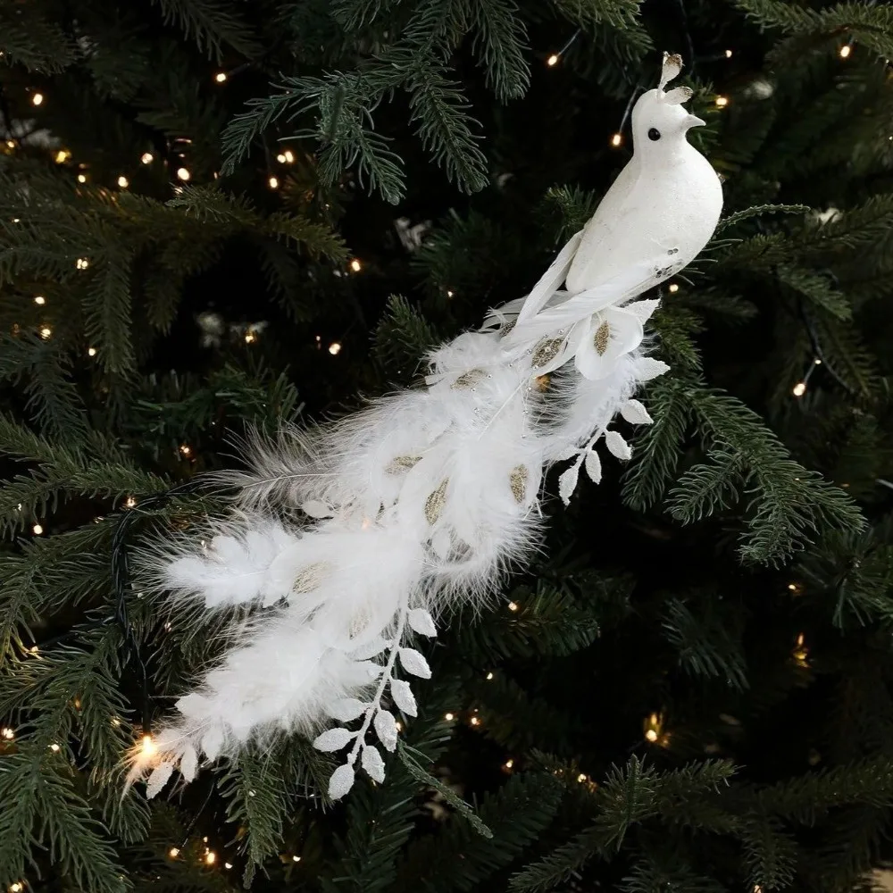 

Long Tail Christmas Peacock Ornaments Realistic Handmade Peacock Bird Figurine Glimmering Feather with Clip