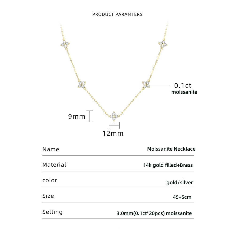 Lnngy Certified 2.0CTTW Moissanite Necklace Niche Light Luxury Four Leaf Flower Choker Necklaces for Women Daily Jewelry Gift