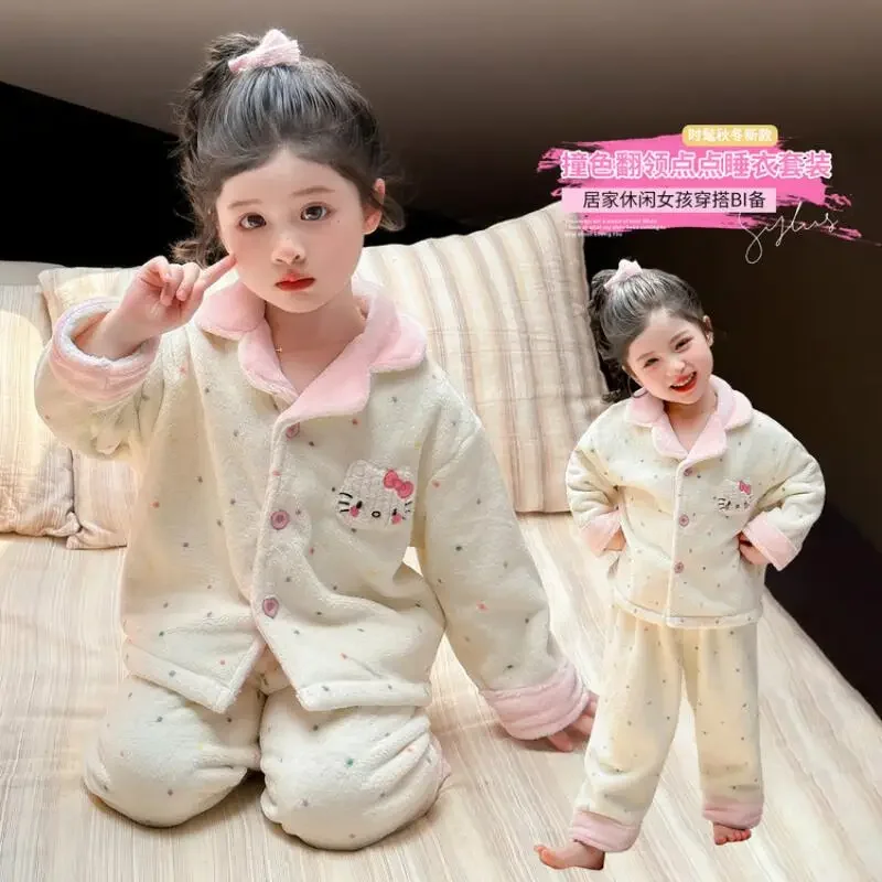 

Горячий пижамный комплект Sanrio для девочек Hello Kitty Kawaii, зимние детские теплые топы, длинные штаны, детская одежда, комплект из 2 предметов, новый