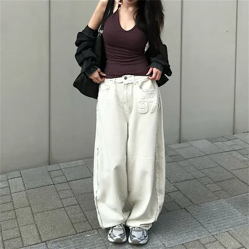 High Waist Wide Leg Jeans Casual Style Patched Worn out Design Loose Fit Long Pants Street Style Lazy Jeans Denim Trousers